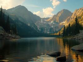 Tranquil mountain lake view photo