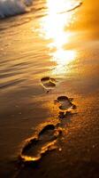 Footprints in the sand at sunset photo