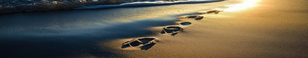 Footprints in soft sand at sunset photo