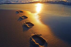 Footprints in the sand at sunset photo