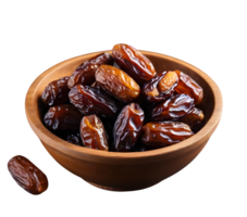A bowl of dried dates. A variety of pitted dates. Culinary offerings for the month of Ramadan. png