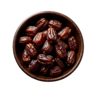 A bowl filled with dried dates. A collection of pitted dates. Sustenance for the observance of Ramadan. png