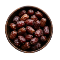 A bowl of dried dates. Pitted dates on display. Tasty option for Ramadan. png