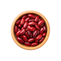 Top-Down View of a Rustic Wooden Bowl Filled with Glossy Red Kidney Beans png