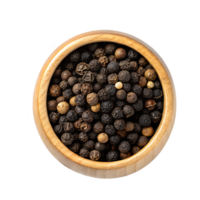 Top-Down View of a Glossy Wooden Bowl Filled with Black Peppercorns png