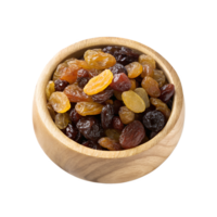 Top-Down View of a Glossy Light Wooden Bowl Filled with Assorted Raisins png