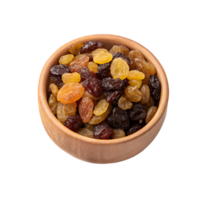 Top-Down View of a Glossy Terracotta Bowl Filled with Assorted Raisins png