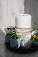 Tutorial How to make Easter table decoration with egg shells step by step instruction. Easter home decoration on wooden branch. Seasonal sustainable recycled decor photo
