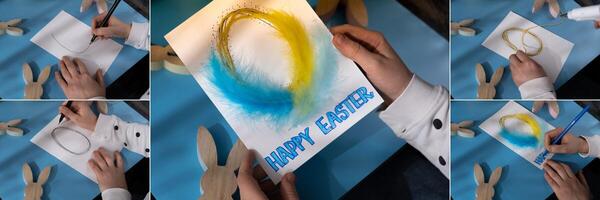 Collage of EASTER egg made of rope and feathers Sustainable preparation Diy process of making handmade greeting cards. Step by step activity for children. Inclusive and responsible stress relief holiday hobby. Conscious celebration photo