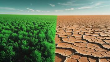 Vivid contrast between lush green field and parched golden field highlights nature s duality. photo