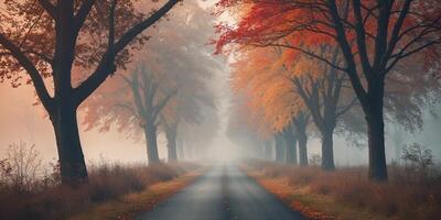 Scenic Tree Lined Road with Empty Copy Space for Text in Autumn Landscape and Tranquil Atmosphere photo