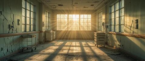 Sun shining through broken windows illuminating a long abandoned hospital hallway falling apart. photo
