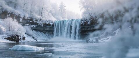 A beautiful waterfall surrounded by ice and snow in nature. photo