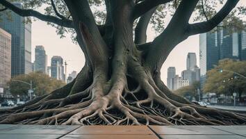 Majestic Tree with Intricate Roots in Urban Landscape Setting photo