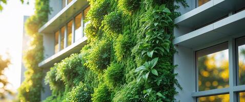 Lush green vertical garden on modern building facade with sunlight filtering through windows photo