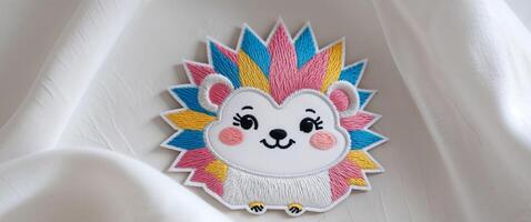 Cute Embroidered Patch Featuring a Smiling Hedgehog with Colorful Spikes and Blush Cheeks photo