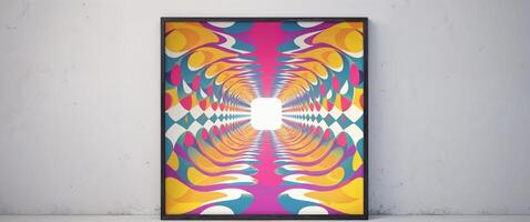 A framed art print with a colorful design photo