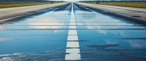 An empty runway with a puddle on the ground photo
