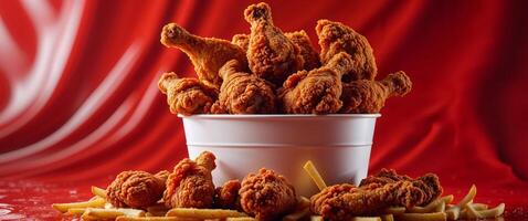 Fried chicken in a bucket with french fries photo