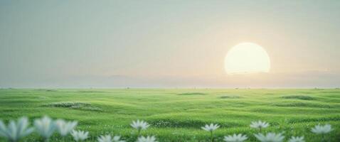 A field with grass and flowers in the middle of a sunset photo