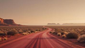 A red dirt road in the desert with mountains in the background photo