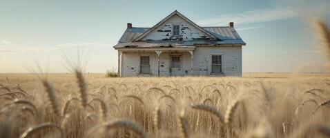 An abandoned house in a wheat field photo