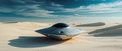 A spaceship sits in the middle of a desert photo