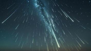 A long line of meteors are shooting across the sky photo
