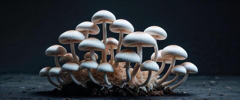 A group of mushrooms on a dark background photo