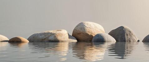 A group of rocks in the water with a reflection photo
