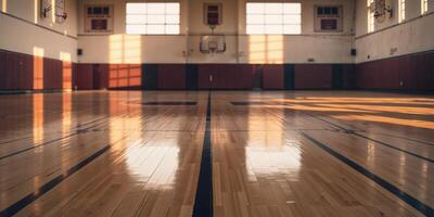 An empty basketball court with sunlight shining through the windows photo