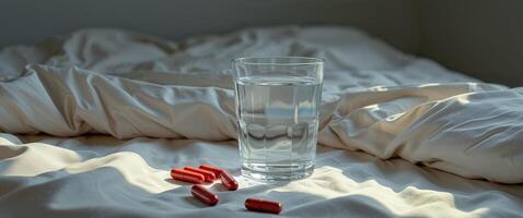 A glass of water and pills on a bed photo