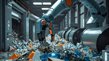 A robot is picking up trash in a warehouse photo