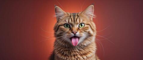 A cat with its tongue out on a red background photo