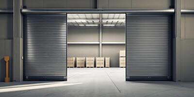 A large warehouse with two open doors photo
