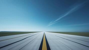 An empty runway with a blue sky in the background photo