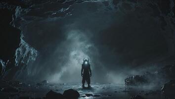 A man standing in front of a cave with a light coming from inside photo