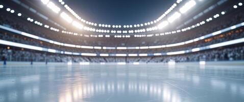 Frozen Arena Ice Rink Surface with Stadium Lights and Blurred Crowd photo