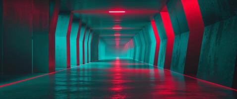 dark corridor perspective view turquoise and red color tone. photo