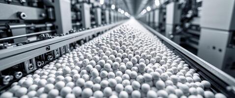 Automated Production Line with White Pellets and Industrial Machinery Focusing on Precision photo
