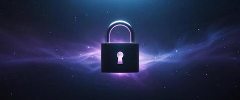 Digital Security Concept Displaying Lock Symbol with Glowing Effects on a Deep Space Background photo
