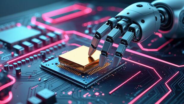 robótico brazo programación pastilla en futurista circuito tablero en neón Encendiendo. foto