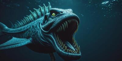 a monstrous prehistoric looking sea creature with sharp teeth and an open mouth swimming in dark blue water representing the power and danger of the deep. photo