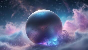 Futuristic sphere travels through glowing nebula. photo