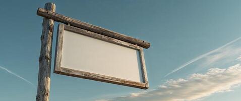 Empty wooden sign showing a blank space for advertising hanging on a post. photo
