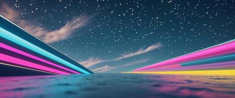 Retro Futuristic Space Background with Neon Stripes and Starry Sky photo