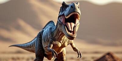 Majestic dinosaur with its mouth open in an impressive display of power and size. photo