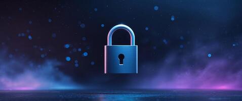 Digital Security Concept Displaying Lock Symbol with Glowing Effects on a Deep Space Background. photo
