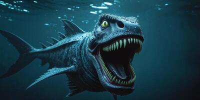 a monstrous prehistoric looking sea creature with sharp teeth and an open mouth swimming in dark blue water representing the power and danger of the deep photo