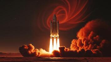 Rocket Blasting Off from Mars like Planet in Swirling Red Dust for Next Phase of Space photo